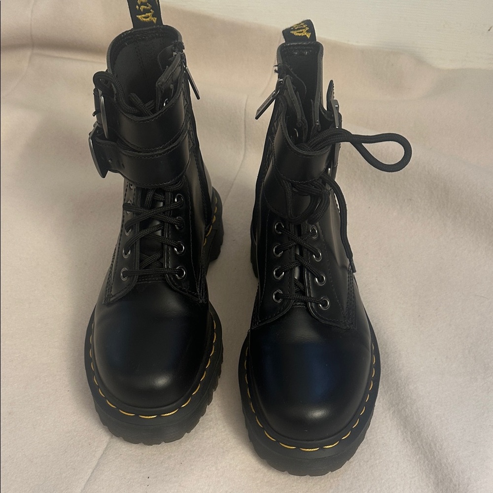 Dr. Martens Black Leather Combat Boots with Yellow Stitching
